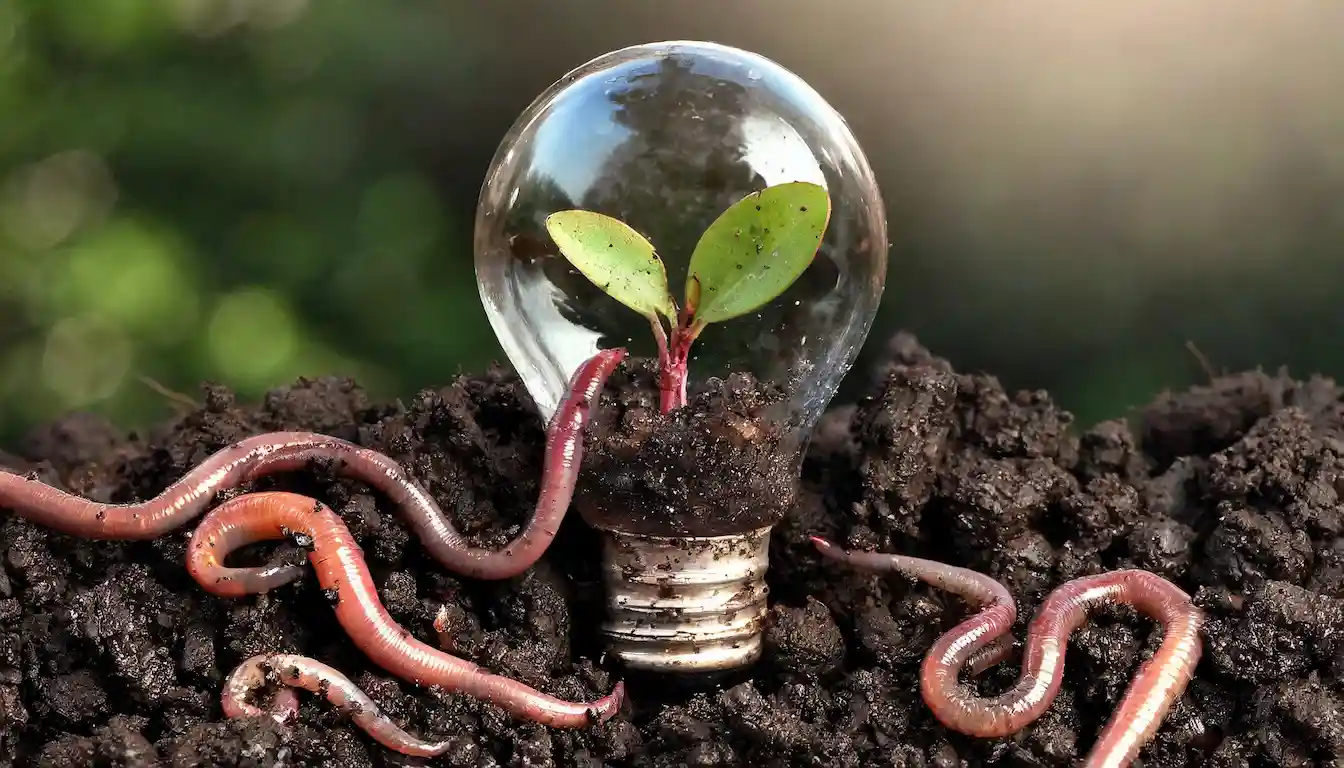 Une ampoule avec une plante et des lombric pour représenter les innovations verte basée sur les vers de terre