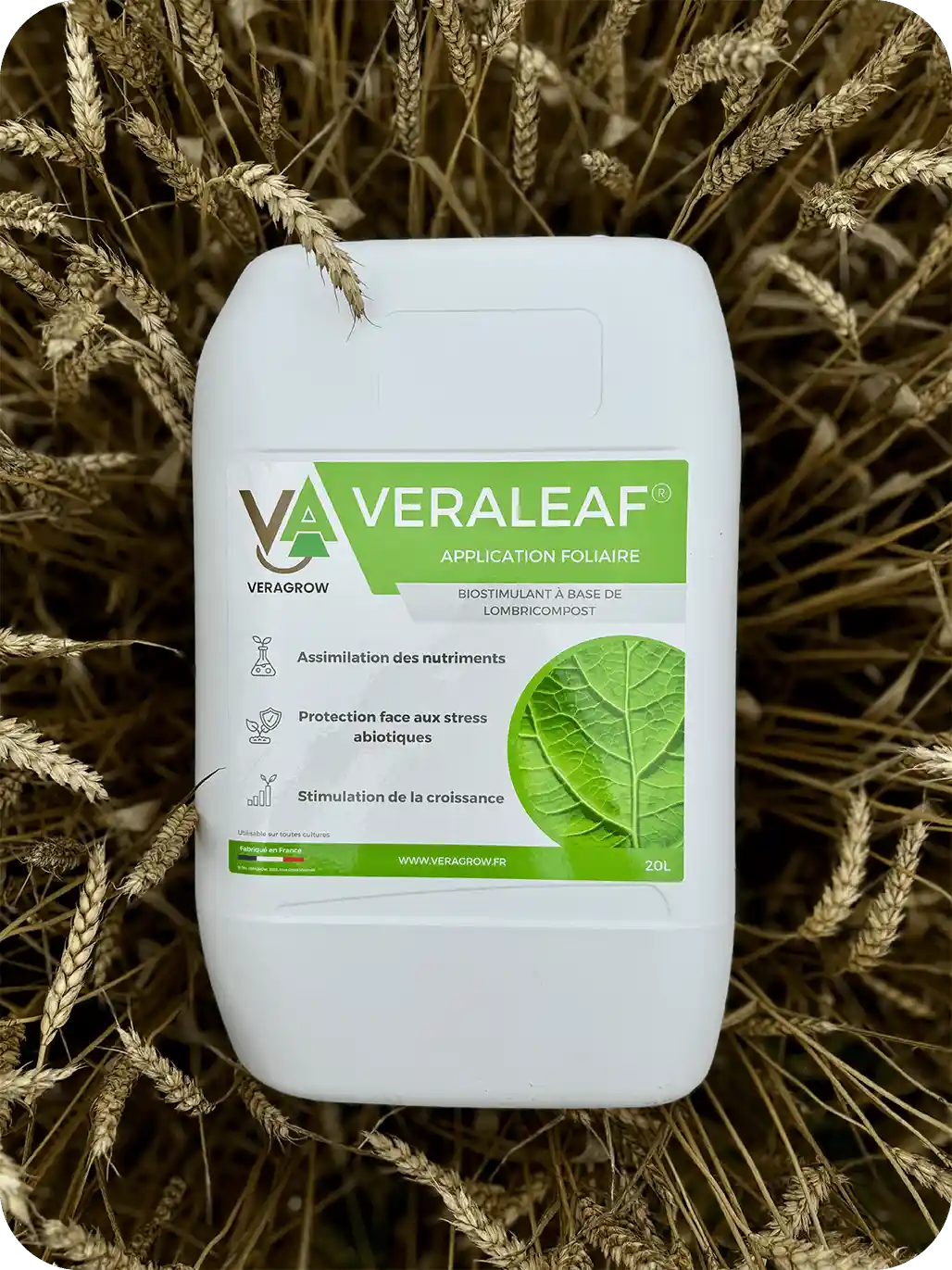 Bidon de 20L du biostimulant foliaire Veraleaf dans un champ de blé