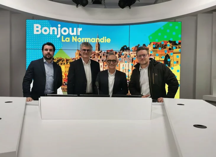 Marc Lesueur, délégué régional de l'Apec Normandie accompagné de Matthieu Tetreau; Hervé Onno, directeur de la société Spiragaine; et Alexandre Bocage, co-fondateur de Veragrow, invités de BFM Normandie